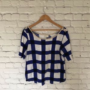 Anthropologie blue white cream checkered plaid top